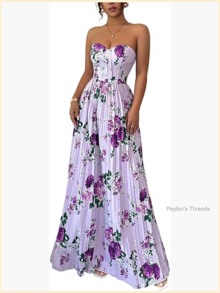 Women's Floral Tube Dress Sleeveless Pleated A-Line Maxi Summer Cocktail Party
